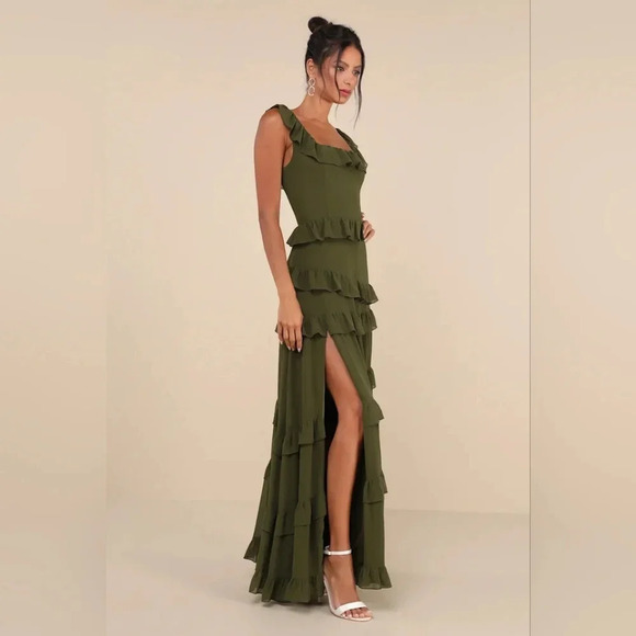 Lulus Compelling Romantic Olive Green Ruffled Tiered Maxi Dress Party Wedding - Picture 3 of 9